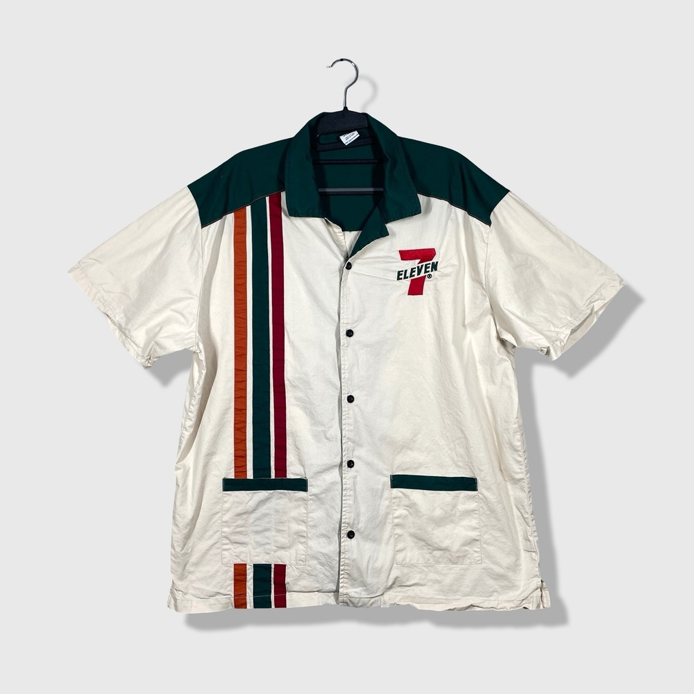 7-Eleven Bowling Shirt Mens XL White Green Retro Gas Station Uniform Retro